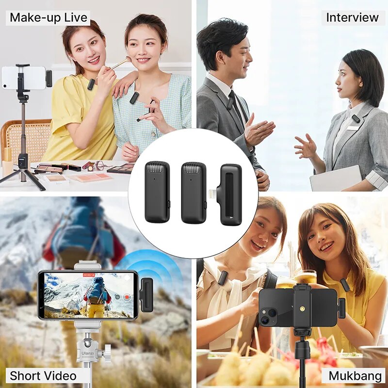 Ulanzi J12 Wireless Lavalier Microphone System Audio Video Recording Microphone Mini Mic for iPhone Android Live Broadcast