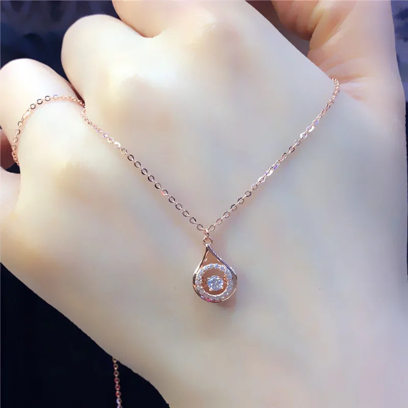 585 Purple Gold Plated 14K Rose Gold Shiny Water Drop Necklace Pendant Exquisite Crystal Wedding Party Jewelry For Girlfriend