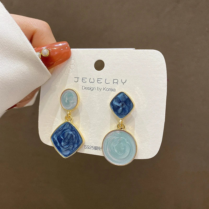 Korean Square Round Drop Earrings Unique New Blue Color Asymmetric Geometric Hang Earrings For Women Trendy Fashion Jewelry Girl