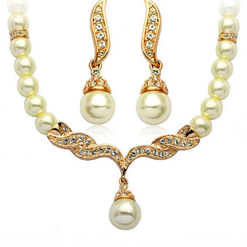 Women's 2 Piece Jewelry Sets One Gold Color Necklace + 1 Pair Earrings Wedding Bridal Pearl Elegant Decoration Pendientes Gifts