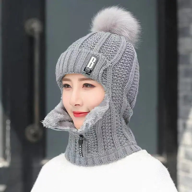 Women Wool Knitted Hat Ski Hat Sets Windproof Winter Outdoor Knit Thick Siamese Scarf Collar Warm Keep Face Warmer Beanies Hat