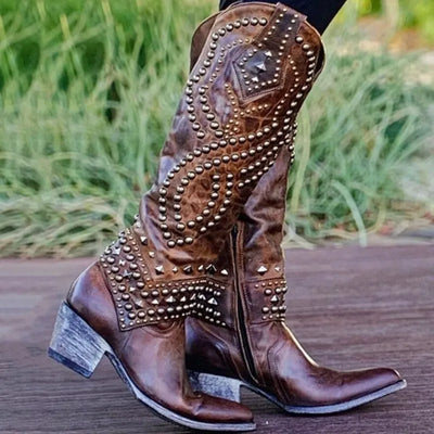 Women's Rivet Knight Boots Autumn Square Heel Plus Size Western Boots Pointy Toe Plus Size High Heels Botas Plataforma Mujer