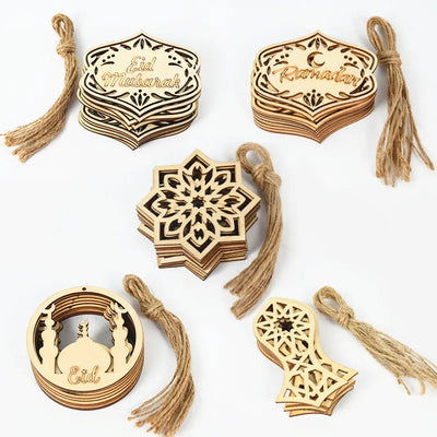 10Pcs Wooden Eid Mubarak Pendant Ornament For Islam Muslim Featival Party Home Decoration Ramadan Kareem Gifts Eid Al Adha