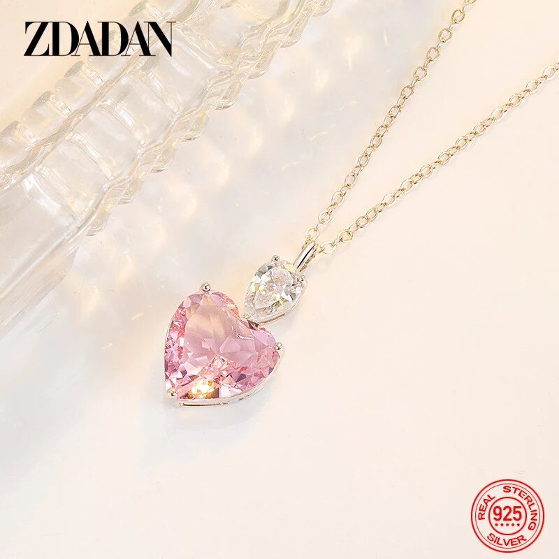 ZDADAN 925 Silver Pink Zircon Necklace Chains For Women Fashion Jewelry