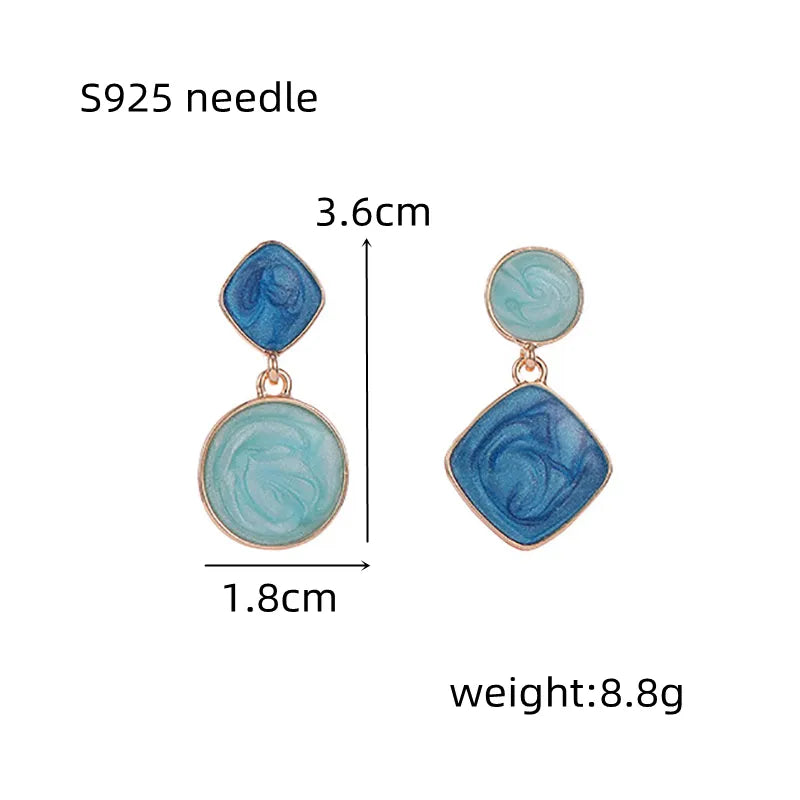 Korean Square Round Drop Earrings Unique New Blue Color Asymmetric Geometric Hang Earrings For Women Trendy Fashion Jewelry Girl