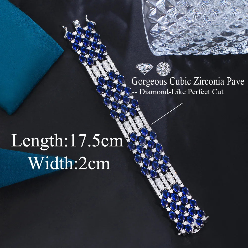 CWWZircons Glamorous Chunky Oval Round Royal Blue Cubic Zirconia Crystal Big Luxury Bracelets for Women Wedding Event CB327