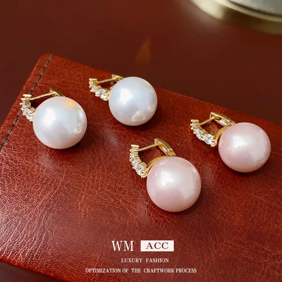 Elegant French Style Gold Plated Zirconia Pearl Clasp Hoop Earrings High End Feel Luxury Lightweight Women's Jewelry Wholesale