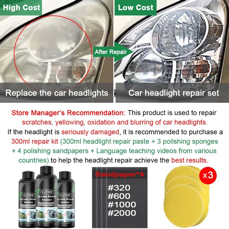 Car Headlight Restoration Polishing Kits Headlamp Scratch Remover Repair Cleaning Paste Remove Oxidation Headlight Polish Liquid