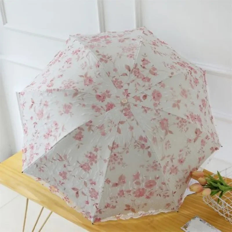 Luxury Flower Sun Umbrella Women Dual Folding Double Layer Lace Embroidery Clear Windfroof Rain Umbrella for Wedding Gifts