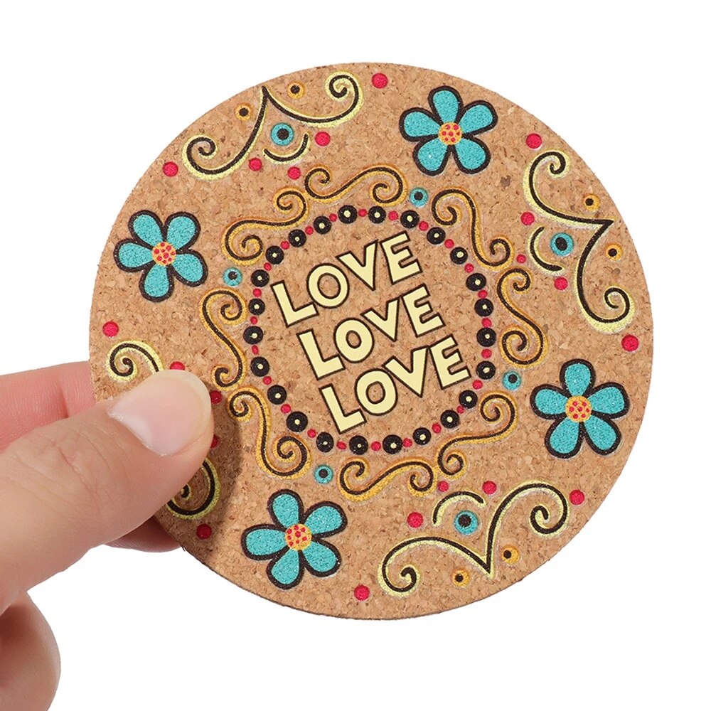 4pcs/set Printed Cork Coaster Round Cup Mat Tea Coffee Mug Drinks Holder Natural Wooden Table Mat Kitchen Tableware Placemat