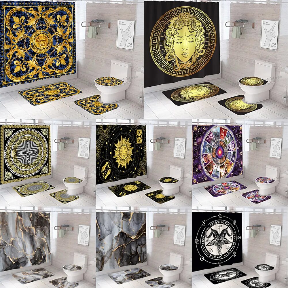 Shower Curtain Sets Luxury Black Gold Polyester Fabric Washable Bath Curtains 3D Marble Toilet Cover Bathroom Accessories Sets