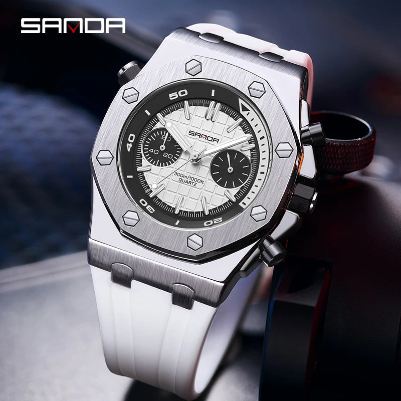 SANDA Luxury Personality Quartz Men Watch 2023 New Design Orange Silicone Strap Sports Style Mens Watches Shockproof Reloj 7027