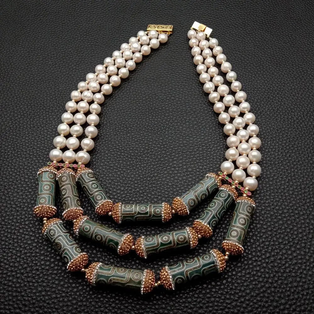 Y.YING Freshwater Cultured White Pearl Green Agate Tube Shape Rhinestone Pave Statement Necklace 18"