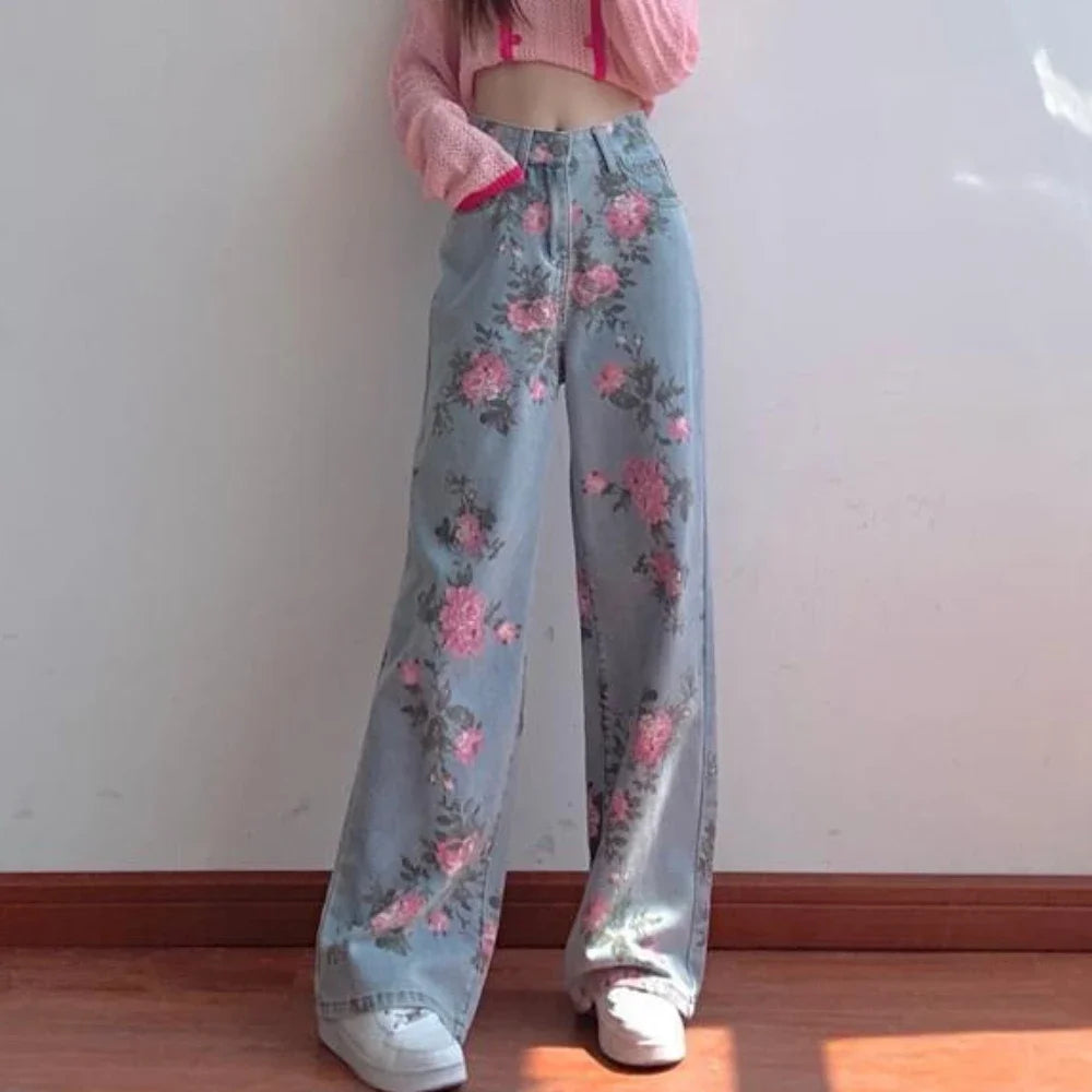 With Print Pattern Straight Leg Blue Female Denim Pants Trousers Women's Jeans Graphic High Waist Shot Pockets Cool Hippie Emo R