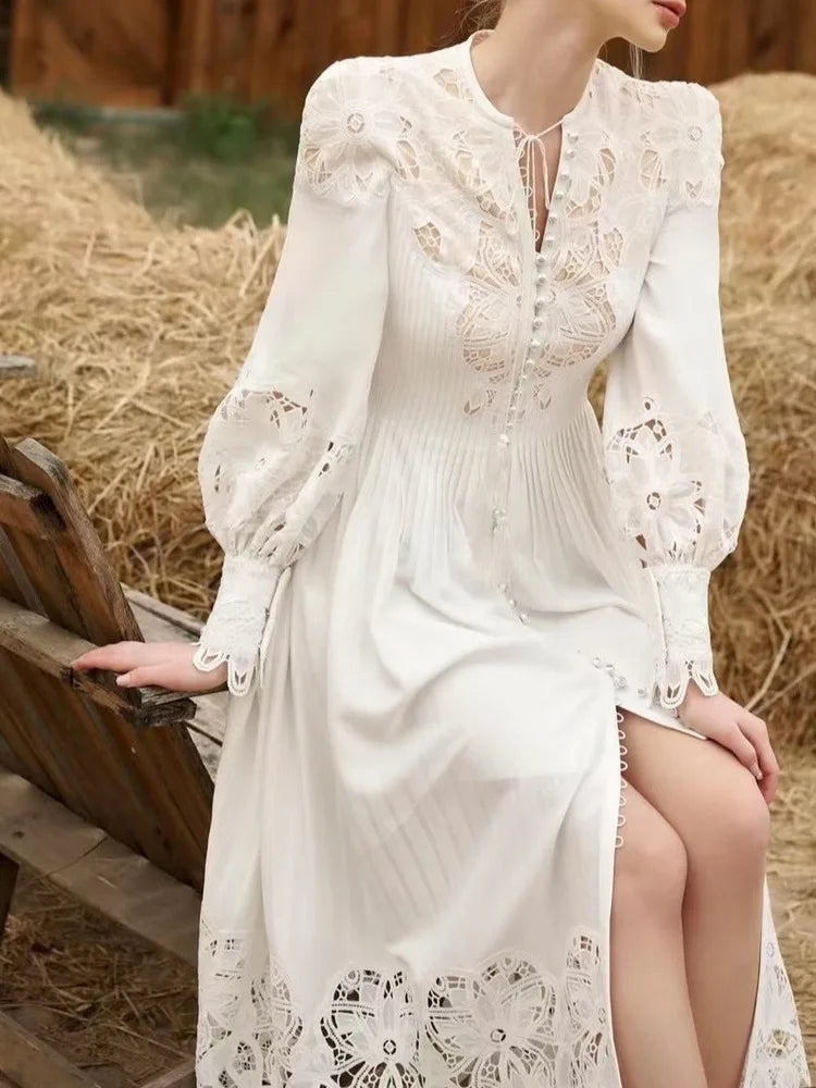 [EWQ] Beautiful White Lace Up Embroidery Hollow Out Lantern Sleeves Women's Long Dress Ladies Vestidos 2024 Spring Autumn 3A6724