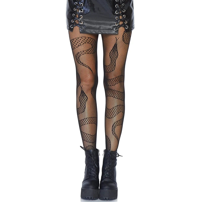 Snake Patterned Tattoo Fishnet Pantyhose Leggings Women Plus Sexy Mesh Tights L21E