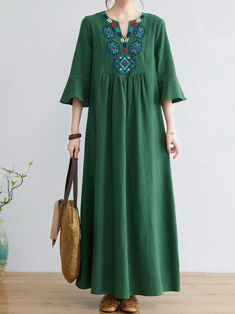 Dress Loose Embroidered Women Frock Cotton Linen V-neck Half Sleeve Long Skirt Female Clothing Spring Summer Vacation Outfits