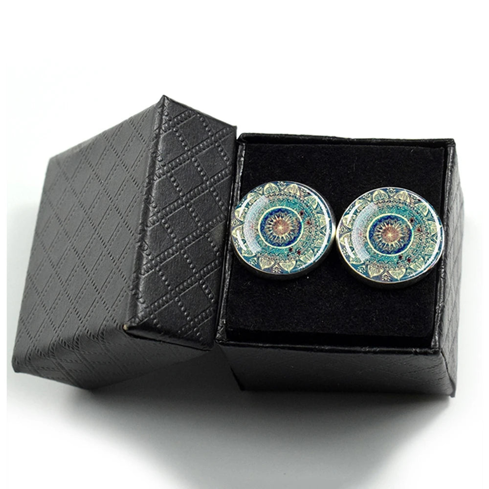 Mandala Cufflinks for Mens Luxury Datura Flower of Life Glass Dome Shirt Cuff Links Meditation Jewelry for Men Accessories Gift