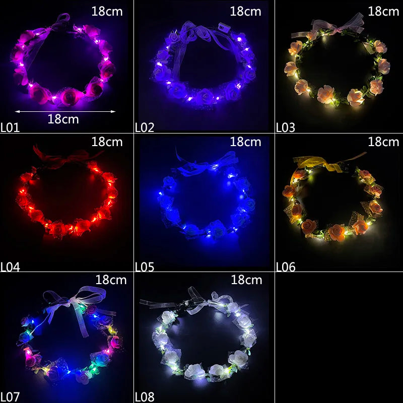 Luminous Rose Wreath LED Light Garland Wedding Party Flower Headband Decorations Women Girl Birthday Christmas Glow Hairband