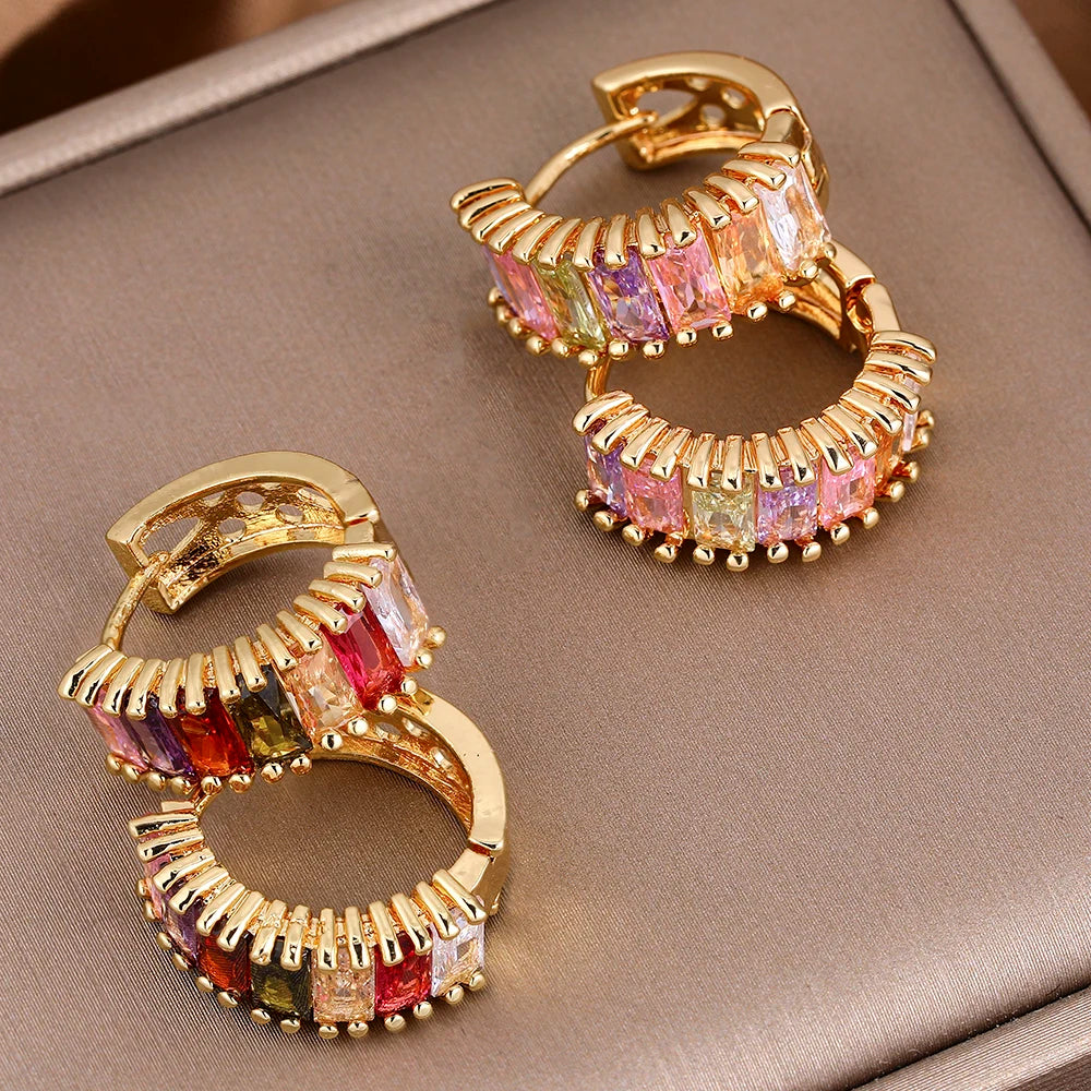 JUWANG Plated 18K Gold Hollow Color Zircon Temperament Design Earrings Women Exquisite Simple Jewelry Party Luxury Accessories