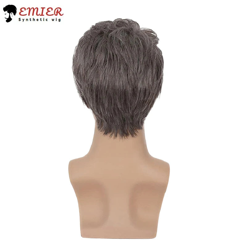 Short Mens Grey Wig Layered Natural Hair Mixed Grey Hair Heat Resistant Straight Synthetic Wigs With Bangs Cosplay Daily Use Wig