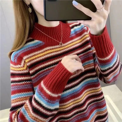 Autumn Winter Stripe Fashion Harajuku Sweater Women All Match Korean Chic Tops Lady Loose Casual Knitwear Long Sleeve Pullover