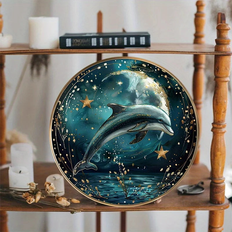 Aluminum Metal Sign Moonlight Dolphin Coin With A Star To The Side Oo Round Aluminum Door Hanger Wall Wreath Metal Decor Sign