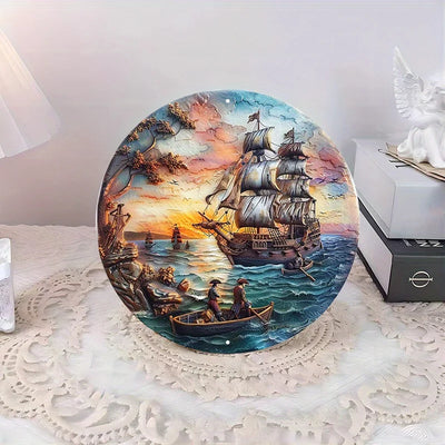 Pirate Ship Ocean Sunset Aluminum Metal Sign, Round Waterproof Art Decor, HD Printed, Pre-drilled Door Hanger, Wall Sign