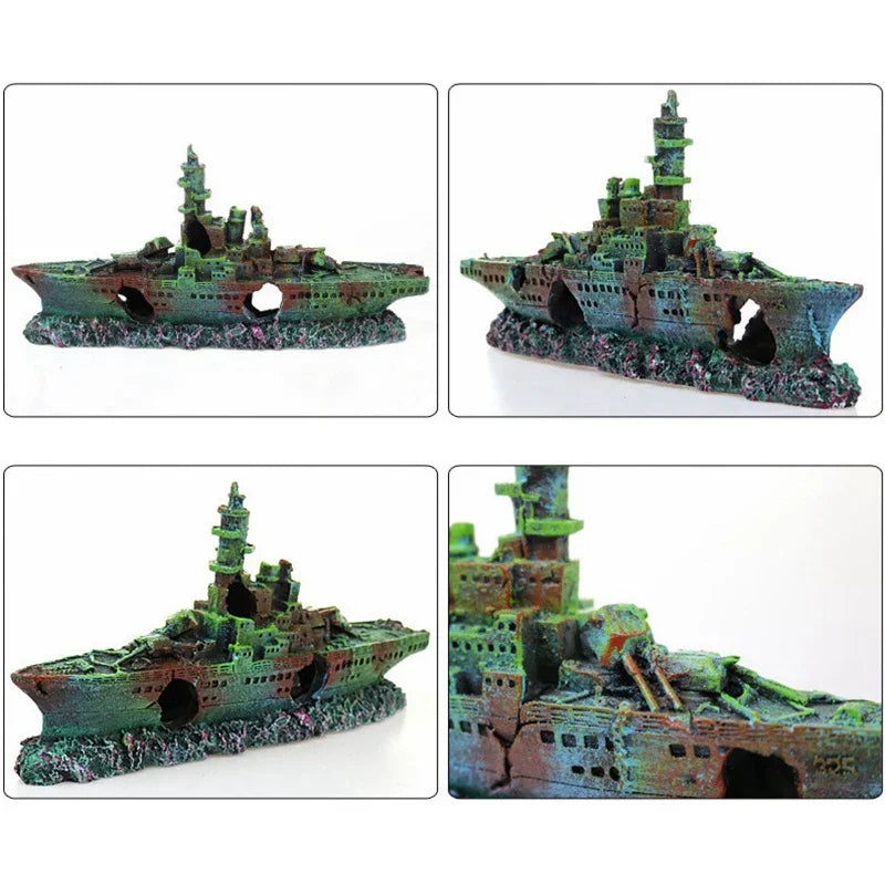 Resin Craft Wreck Boat Sunk Battleship War Ship Fish Tank Aquarium Ornament