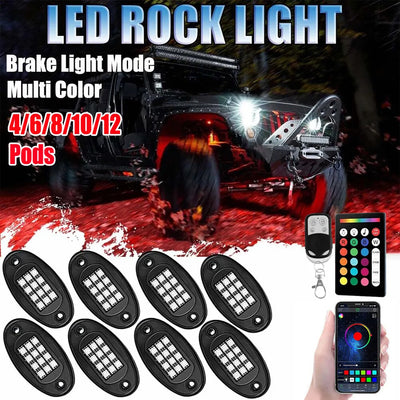 4/6/8/10/12X RGB LED Rock Light Kit APP Remote Control Underbody Music Light Multicolor Neon Atmosphere Lamp for Offroad SUV 4x4