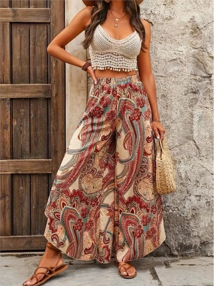 Plus Size Summer Bohemian Style Print Long Wide Leg Pant Women Irregular Ruffle Pleated Loose Ladies Trousers Fashion Woman Pant