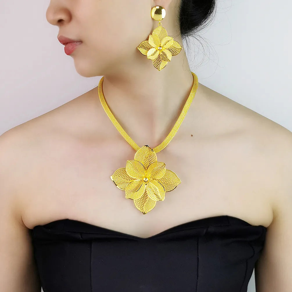 Dubai Jewelry Set For Women Yellow Gold Color Luxury Big Flower Pendant Necklace & Earrings Weddings Party African Set Accessory