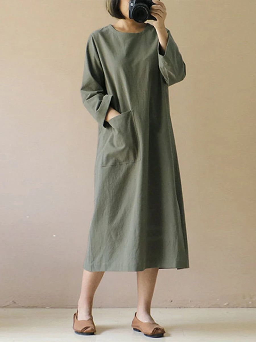 Women Dresses One Piece Set Cotton Linen Frock Thin Long Sleeved Medium Length Straight Tube Dress Loose Casual Outfits 2024