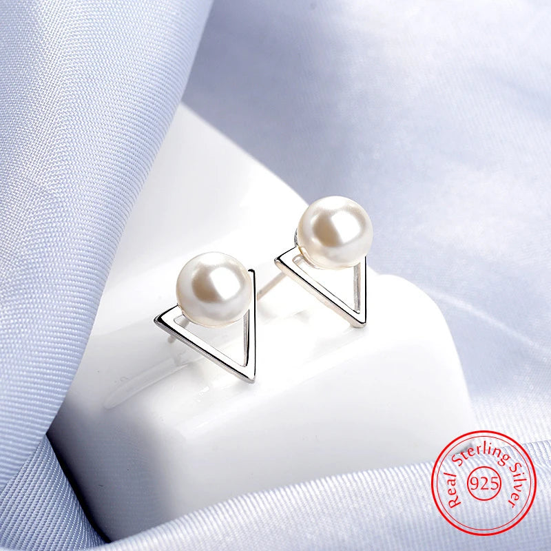 Solid 925 Sterling Silver Lady's Gift Jewelry New Trendy Triangle Pearl Stud Earrings XY0282