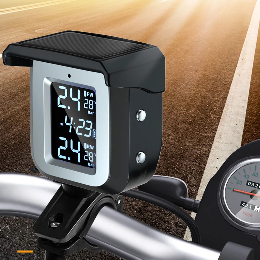 Solar Motorcycle Tire Pressure Detector Wireless Tire Pressure Monitor Monitoring System Waterproof with 2 External Sensors