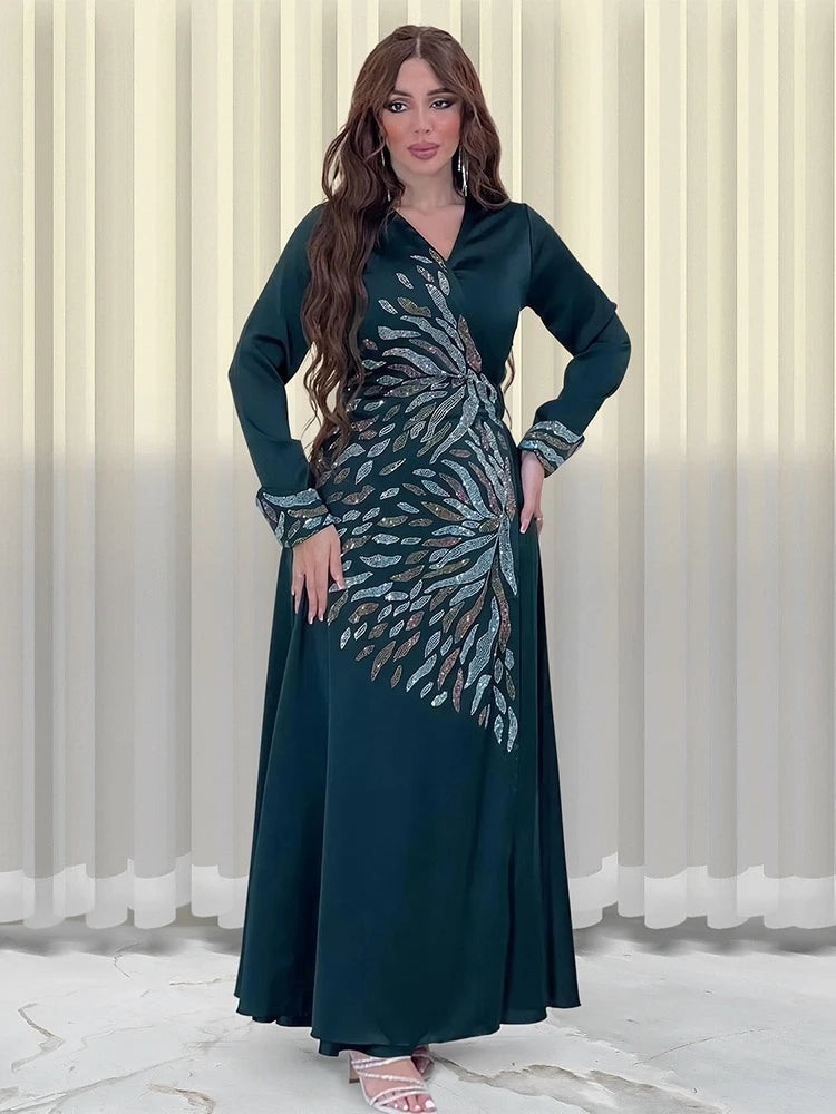 Autumn Muslim Dress for Women Satin Diaomnd Jalabiya Abaya Ramadan Long Dresses Woman Lace-up Robe Moroccan Caftan Vestidos 2023