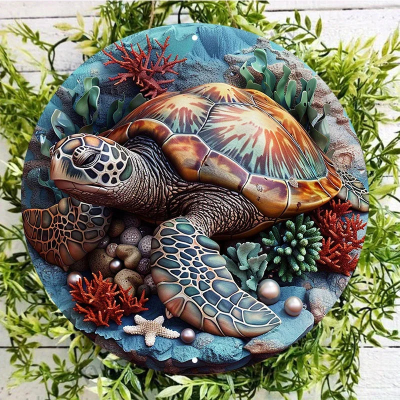 Sea Turtle Metal Wall Art Decor, Round Aluminum Sign, Weather-Resistant Door Hanger, HD Sea Life Print for Home and Outdoor