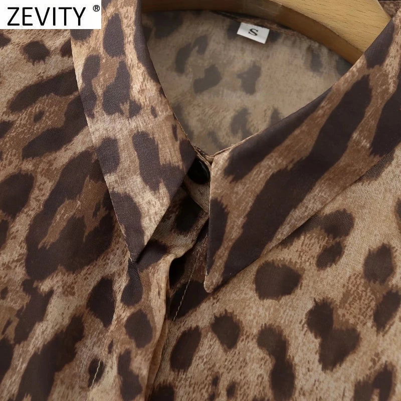 Zevity Women Fashion Leopard Print Chiffon Blouse Office Ladies Long Sleeve Button Up Streetwear Shirts Chic Blusas Tops LS9949