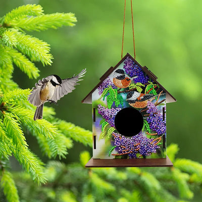 HOMFUN DIY Diamond Painting Bird's Nest Wooden Birdhouse Set Birdcage Ornaments Mosaic Pendant House Tree Hanging Decor Crafts