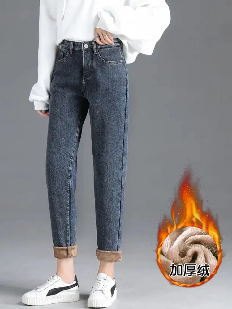 High Waist Baggy Harem Ankle-length Denim Pants Womens New Winter Plush Velvet Lined Warm Jeans Casual Straight Thicken Vaqueros