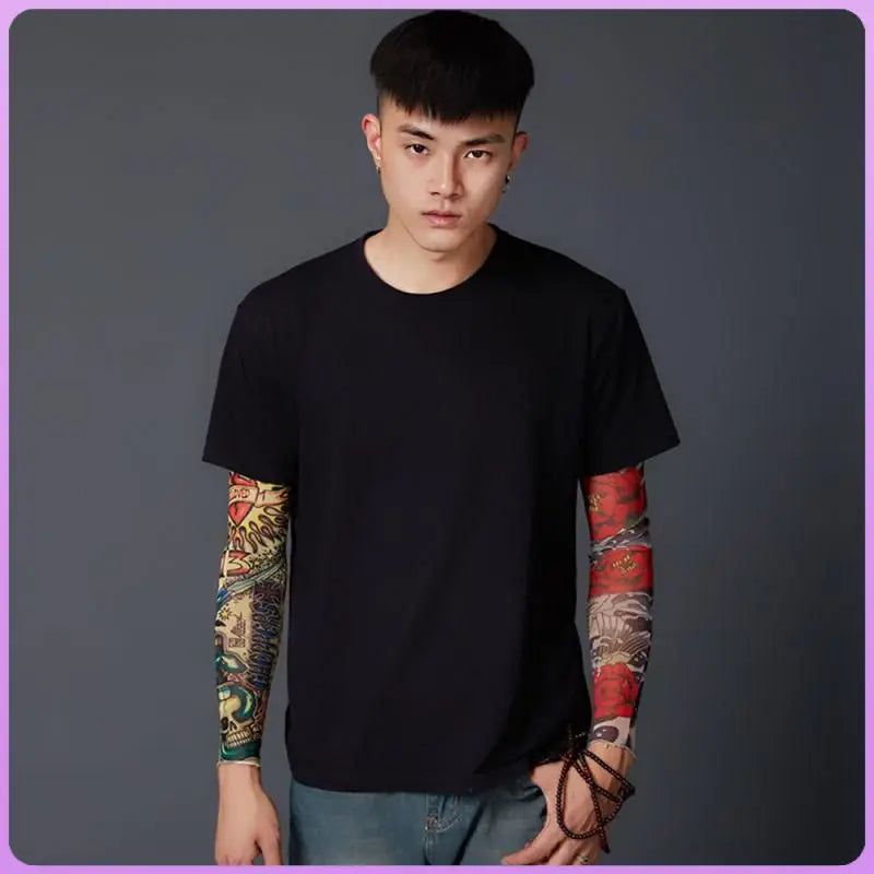 Ice Silk Sleeves Men Sun Shade Elastic Quick-drying Sweat-absorbent Arm Sleeves Cycling Driving Cooling Tattoo Printed Sleeves