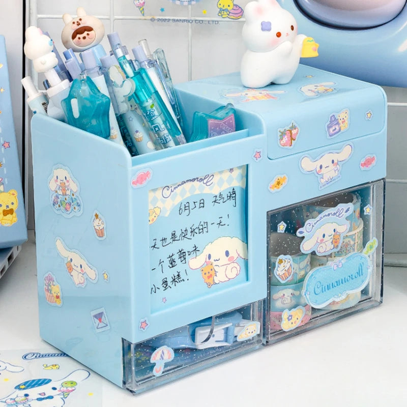 Miniso Sanrio Pen Holder Organizer Kawaii Kuromi Melody Cinnamoroll Sticker Desktop Storage Box Big Capacity Stationery Storage