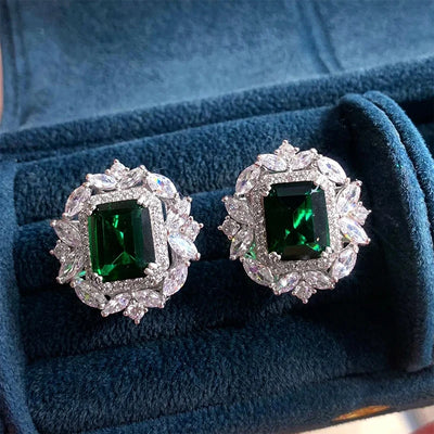 Huitan Luxury Lady Delicate Ear Stud Bright Green Zirconia Earrings Accessories for Anniversary Party Delicate Design Jewelry