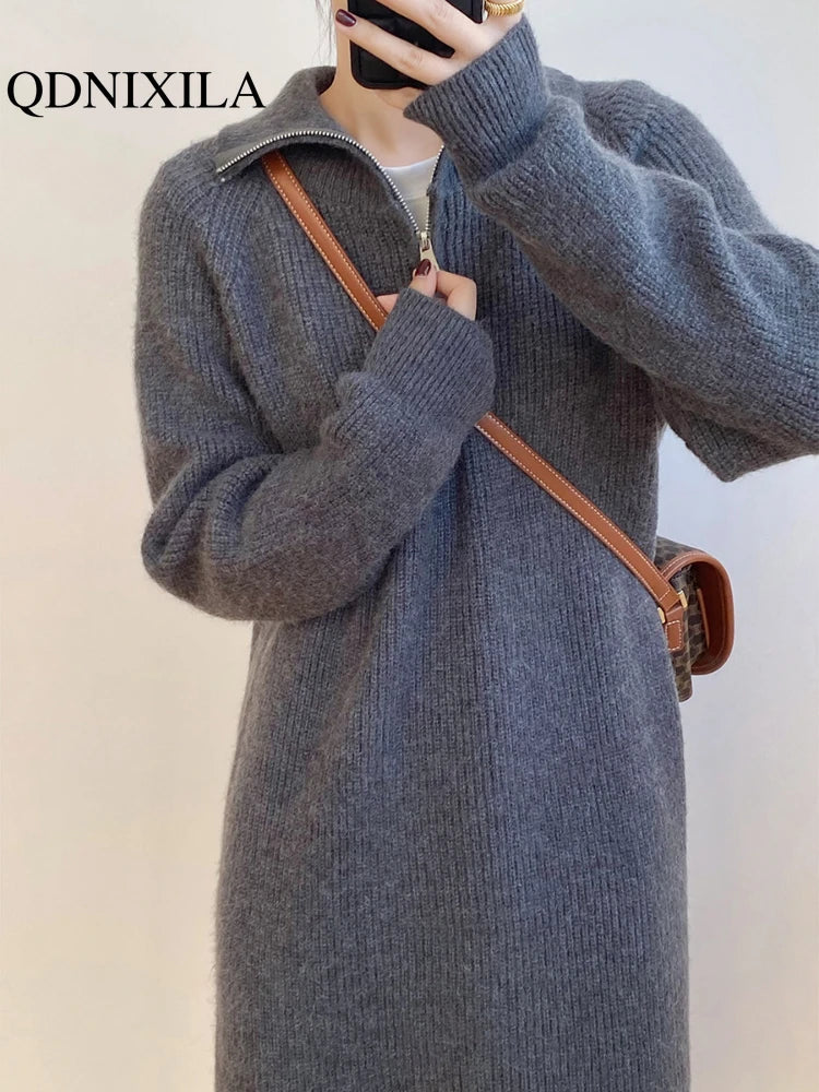 Womens Dresses Lazy Style Zipper Long Sleeve Mid Length Solid Color Knitted Dress 2023 Autumn Winter New in Clothes for Women