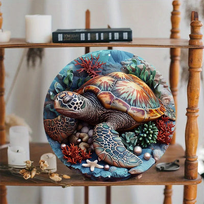 Sea Turtle Metal Wall Art Decor, Round Aluminum Sign, Weather-Resistant Door Hanger, HD Sea Life Print for Home and Outdoor