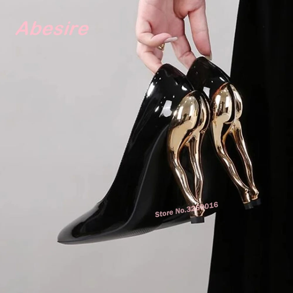 Strange Style Shallow Pumps Patent Leather Pointy Toe Black Glossy Women's Pumps Elegant Runway Shoes Spring Newest 2024 Luxury