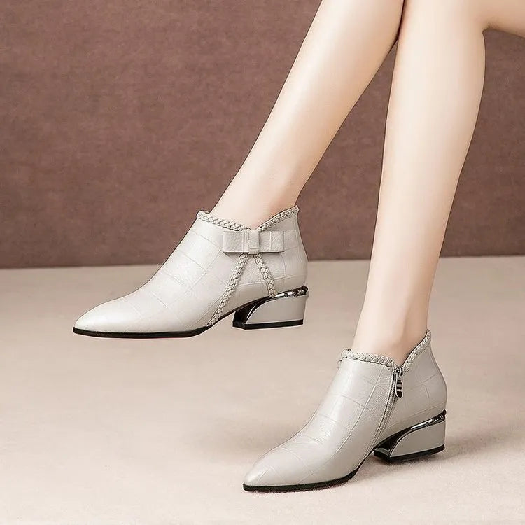 Pointed Toe Beige Square Heel Women Boots 2023 Fashion Butterfly-knot Ankle Boots Zipper PU Leather Rubber Zapatos Mujer