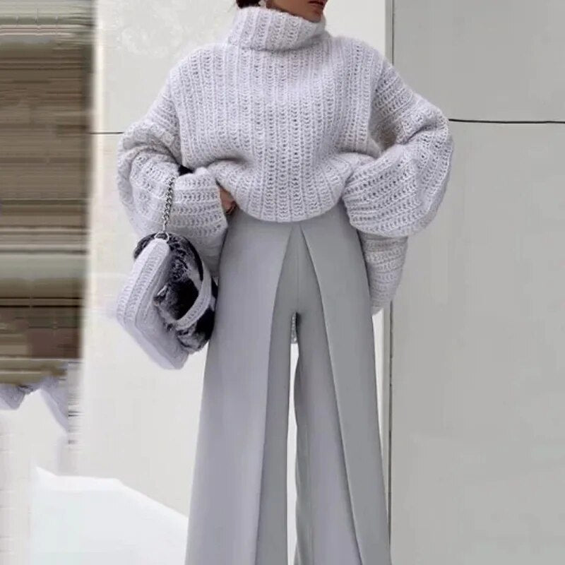 Elegant Solid Women's Turtleneck Sweater Set Chic Loose Thick Top High Waist Straight Pant Suit 2023 Autumn Lady High Streetwear