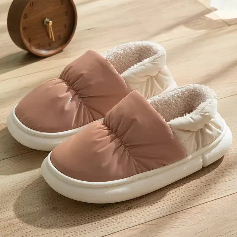 Velvet Fabric Cotton Slippers Women Couple Home Use Flocking Winter Warm Indoor Thick Bottom Outdoor Wear Thick Heel Shoes Men