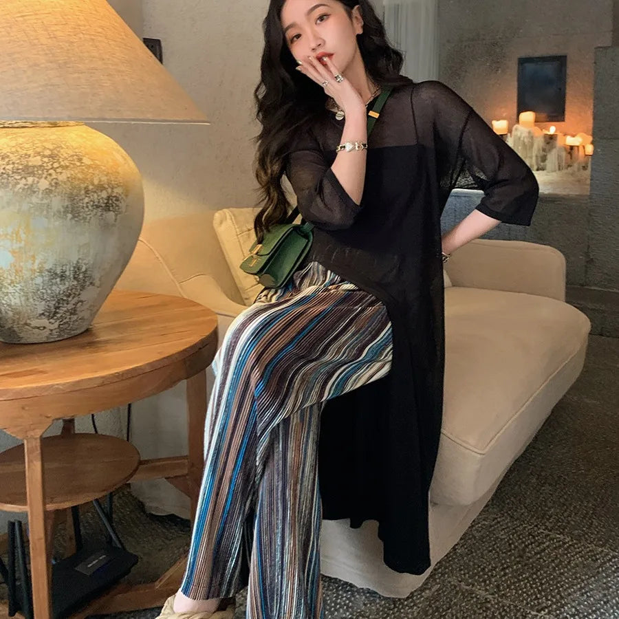 Women's Pants Retro Niche Casual Fashion Striped Wide Leg Trousers 2024 Autumn Winter New Hanging Straight Leg Floor Britches